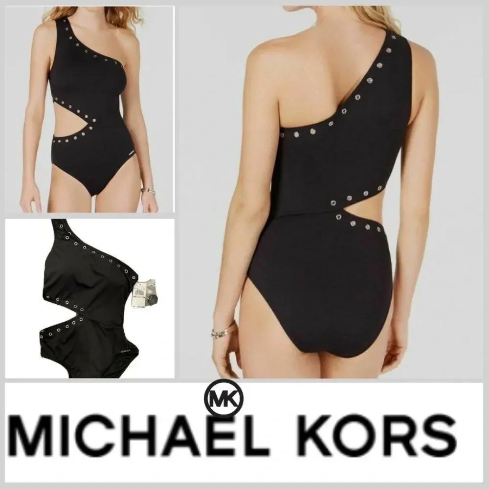 Michael Kors Women's Black Cutout one Piece Gold grommet accent Swimsuit Size 10